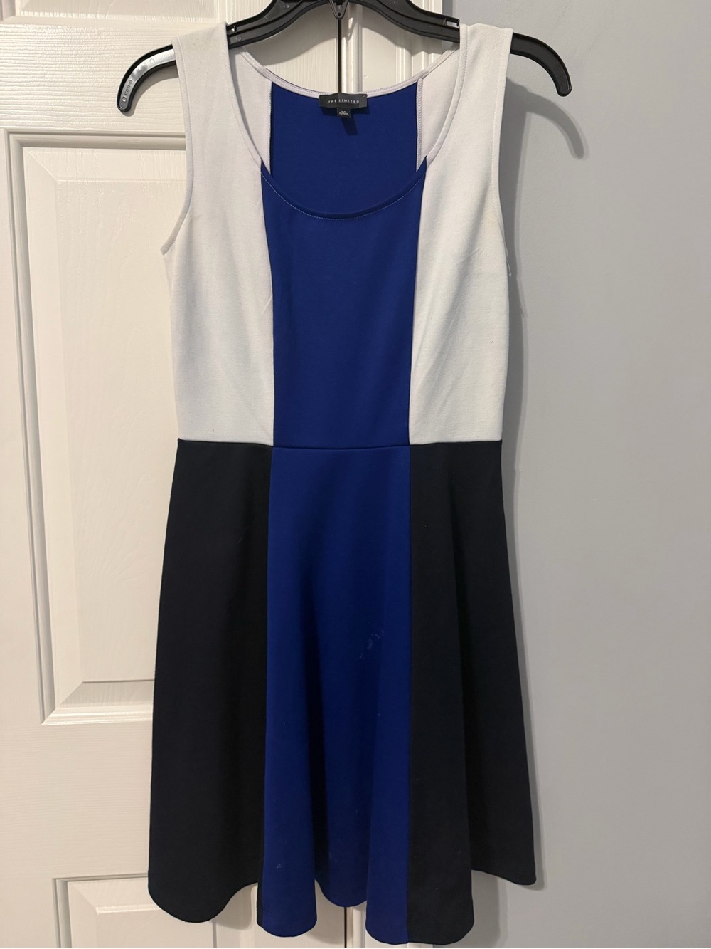 Women’s Colorblock Sleeveless Fit & Flare Dress in White, Blue, and Black